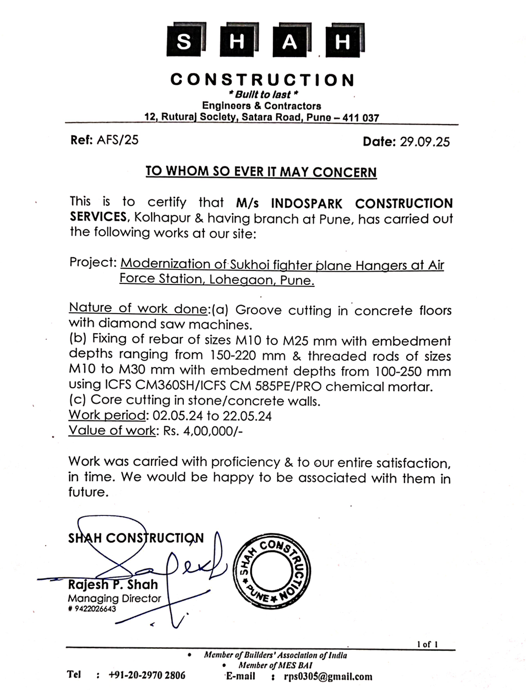 Letter of Satisfaction Shah Construction