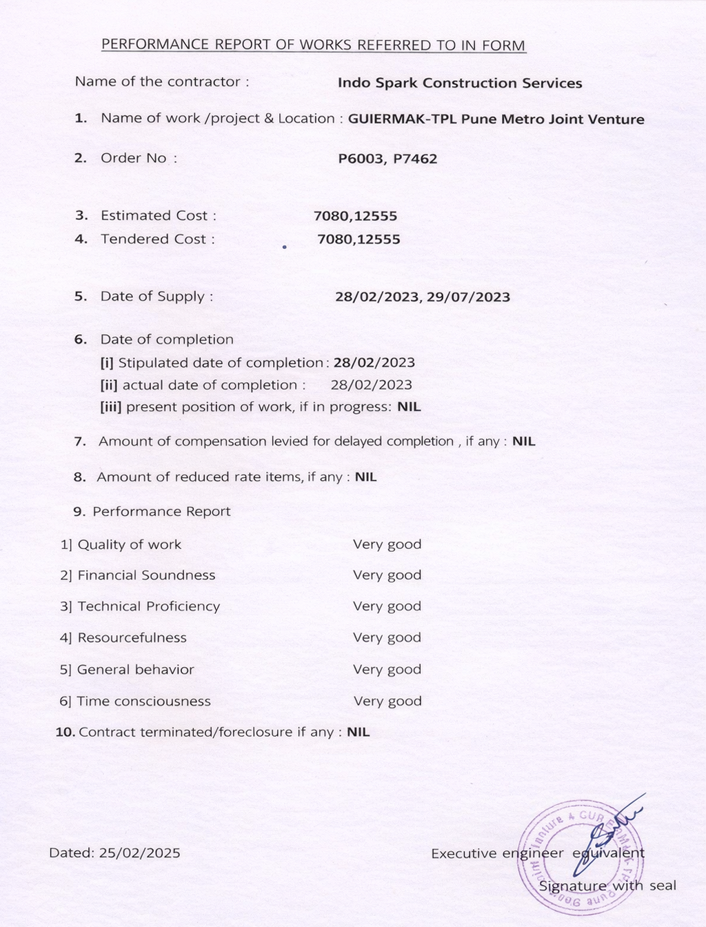 TPL-Work Completion Certificate